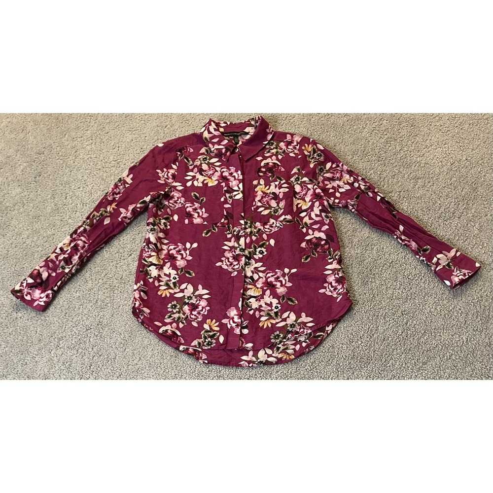 WHBM Silk Blend Floral Blouse Womens Sz 4 Pink Purple Button Up Cottagecore Boho - Picture 5 of 13